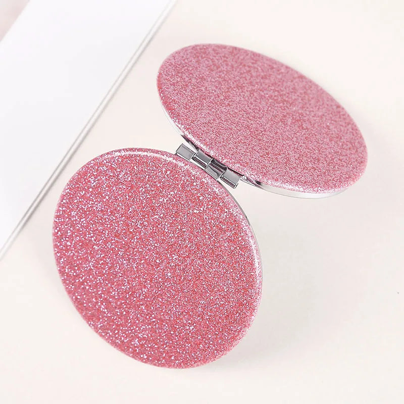 1pc Portable Glitter Round Makeup Mirror Hand Pocket Folding Cosmetic Mirror Double Face Make Up Mirror