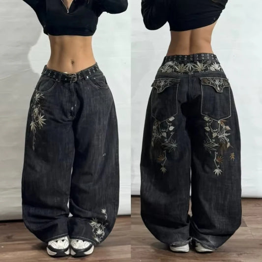 American New Fashion Letter Geometric Embroidery Baggy Jeans Women Y2K Gothic Harajuku Hip Hop Popular High Waist Wide Leg Pants