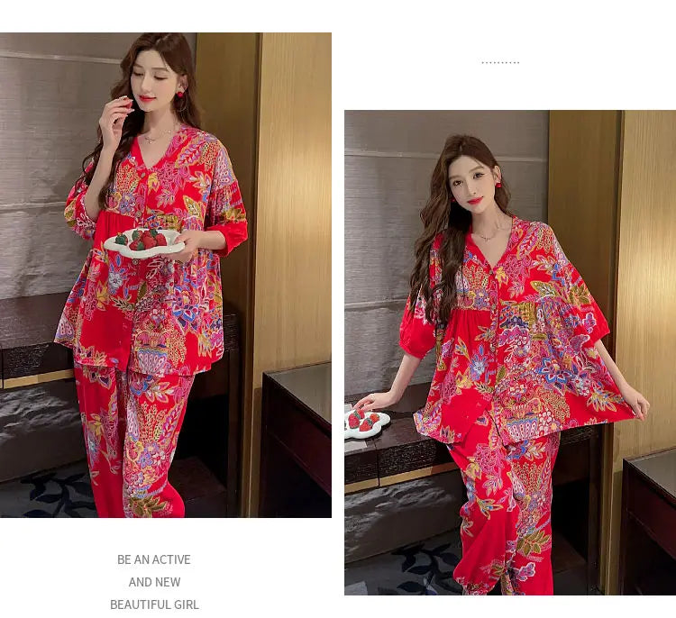 2023 New Cotton Silk Summer Pajamas Suit Plus Size Loose Ladies Home Clothes Two-piece Casual Style Thin
