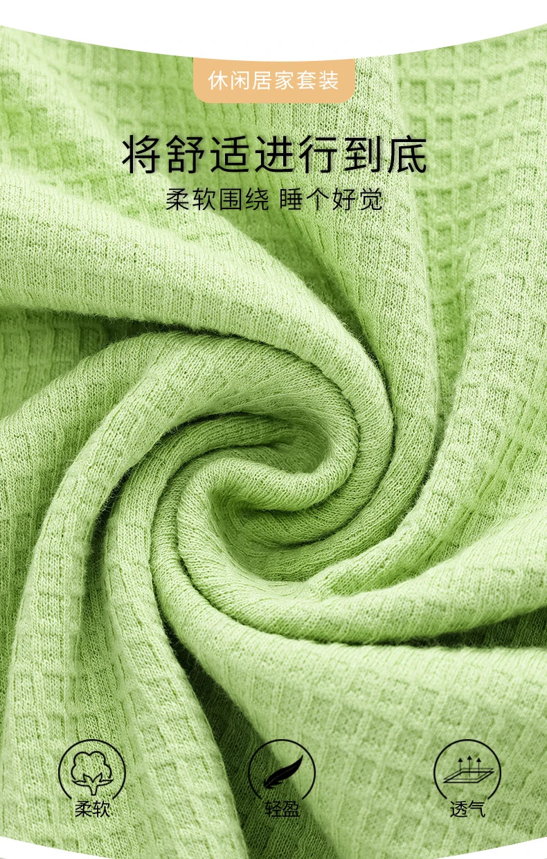 SUKAE Waffle Cotton Korean Minimalist Style Women Pajamas Spring Autumn Long Sleeves Lady Sleepwear Kawaii Round Neck Homesuits