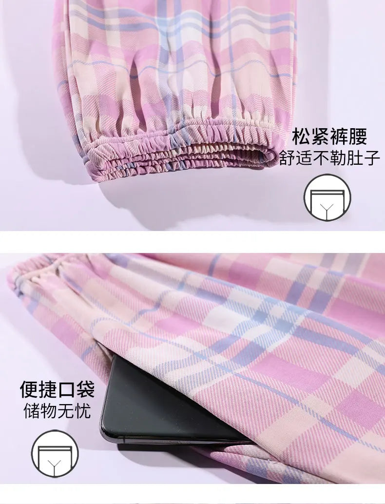 Spring Summer Women Pajamas Soft Cotton Cute Rabbit Print Pijamas Short Sleeved Plaid Pants Sleepwear Fashion Home Wear