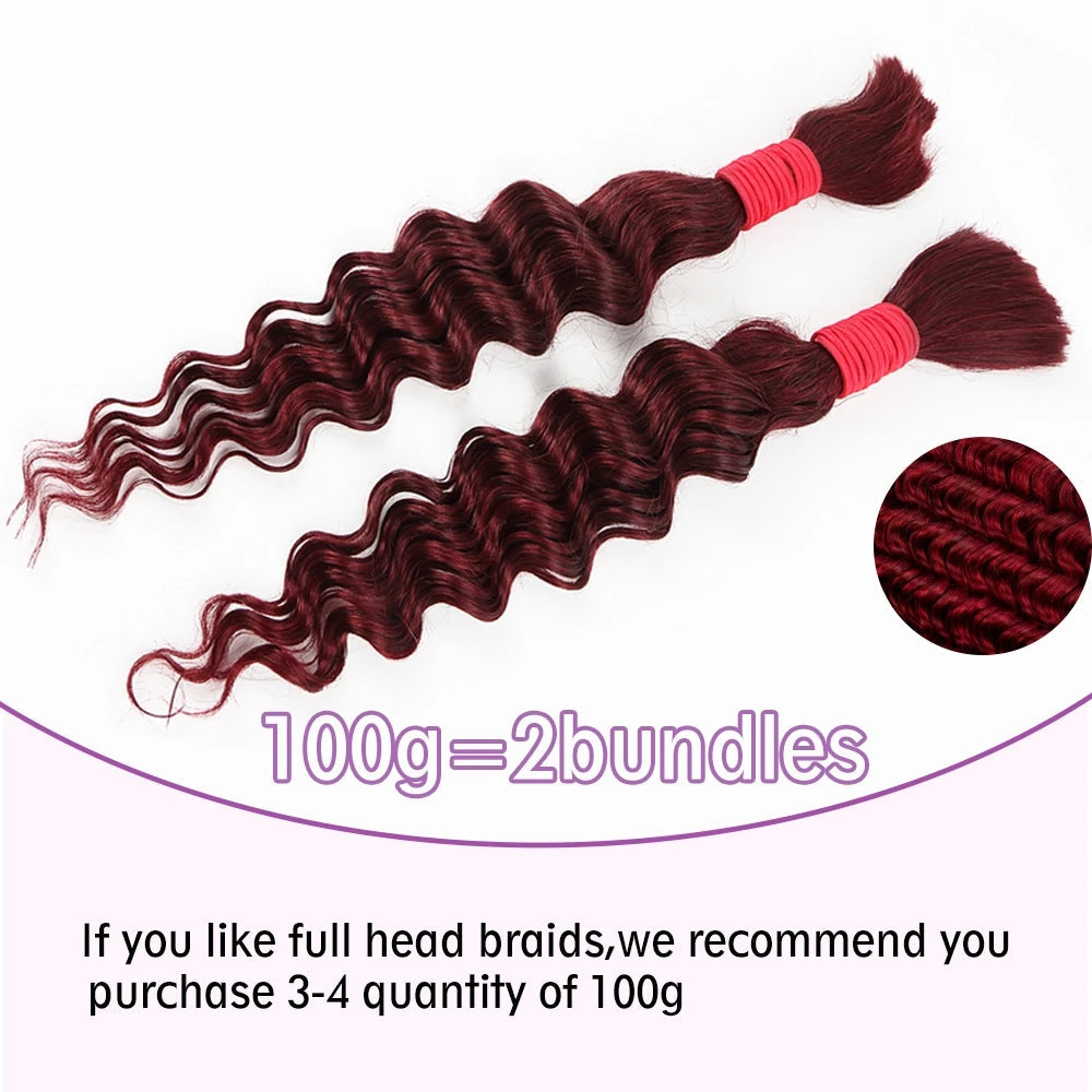 22Inch 100% Human Hair Bundle No Weft Deep Wave Curly Brazilian Virgin Hair for Boho Braid Burgundy 1 2 3 Bundles Hair for Women Viralgem Store