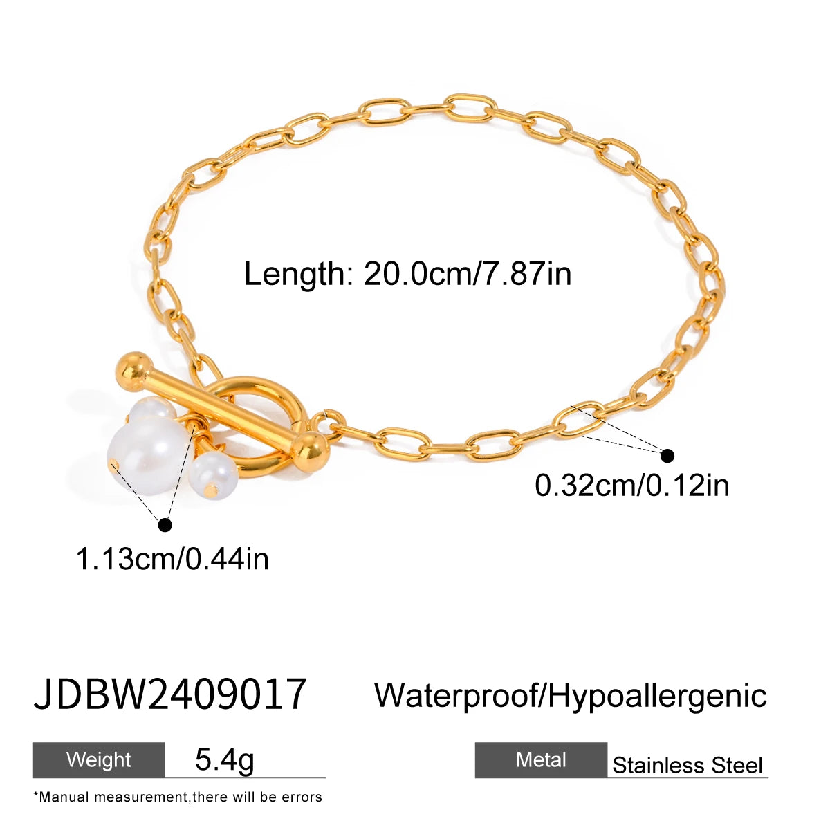 18K Gold Plated Bead Chain Irregular Shaped Glass Pearl Bracelet Chain Women Stainless Steel Rust Proof Anti Allergic Jewelry