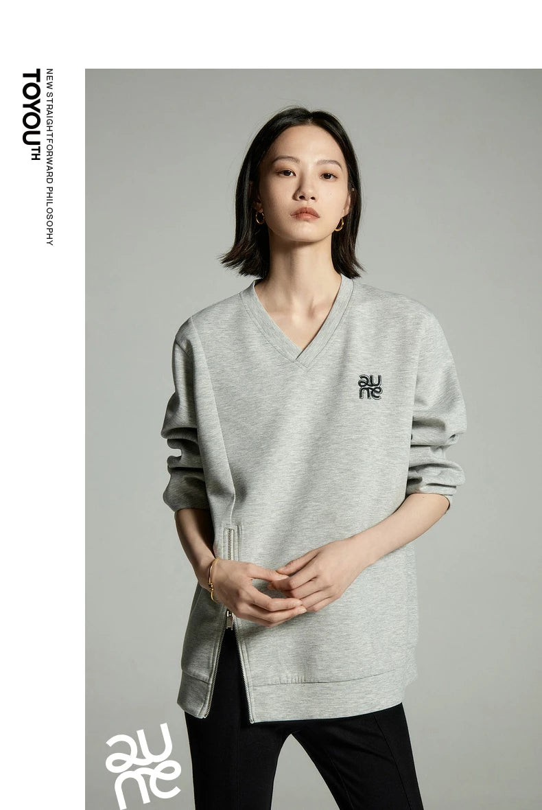 Toyouth Women Sweatshirts 2024 Autumn Long Sleeve V Neck Loose Hoodie Unique Zippered Split Hem Casual Chic Pullover Tops