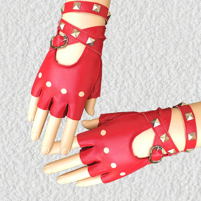 Womens Leather Half Finger Gloves Punk Rivets Belt Gloves Pole Dance Street Dance Leather Gloves Performance Gloves
