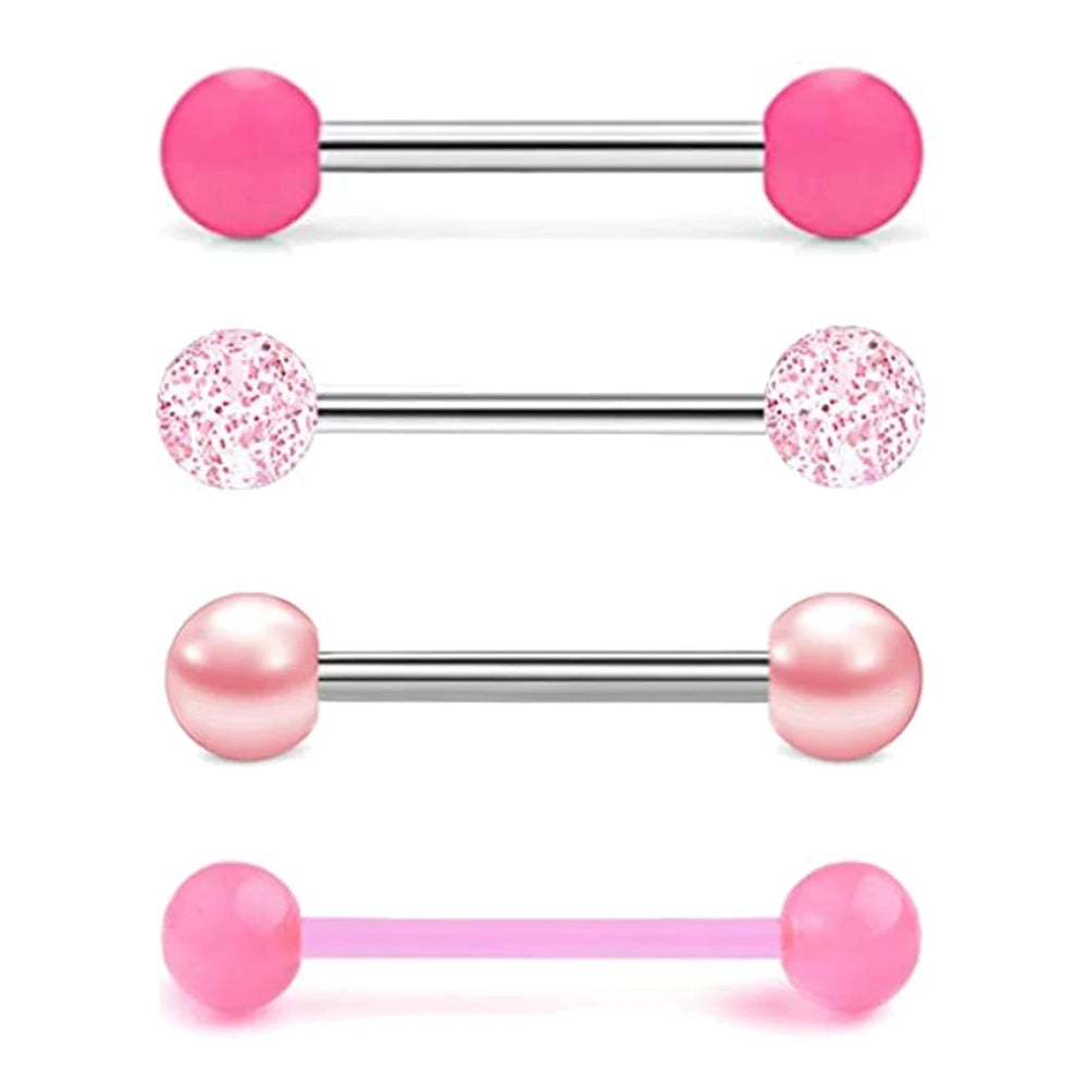1PCS-4PCS Stainless Steel 14G Tongue Rings Barbell Pink Tongue Barbell Jewelry for Women Piercing Tongue Body Piercing Pink Viralgem Store