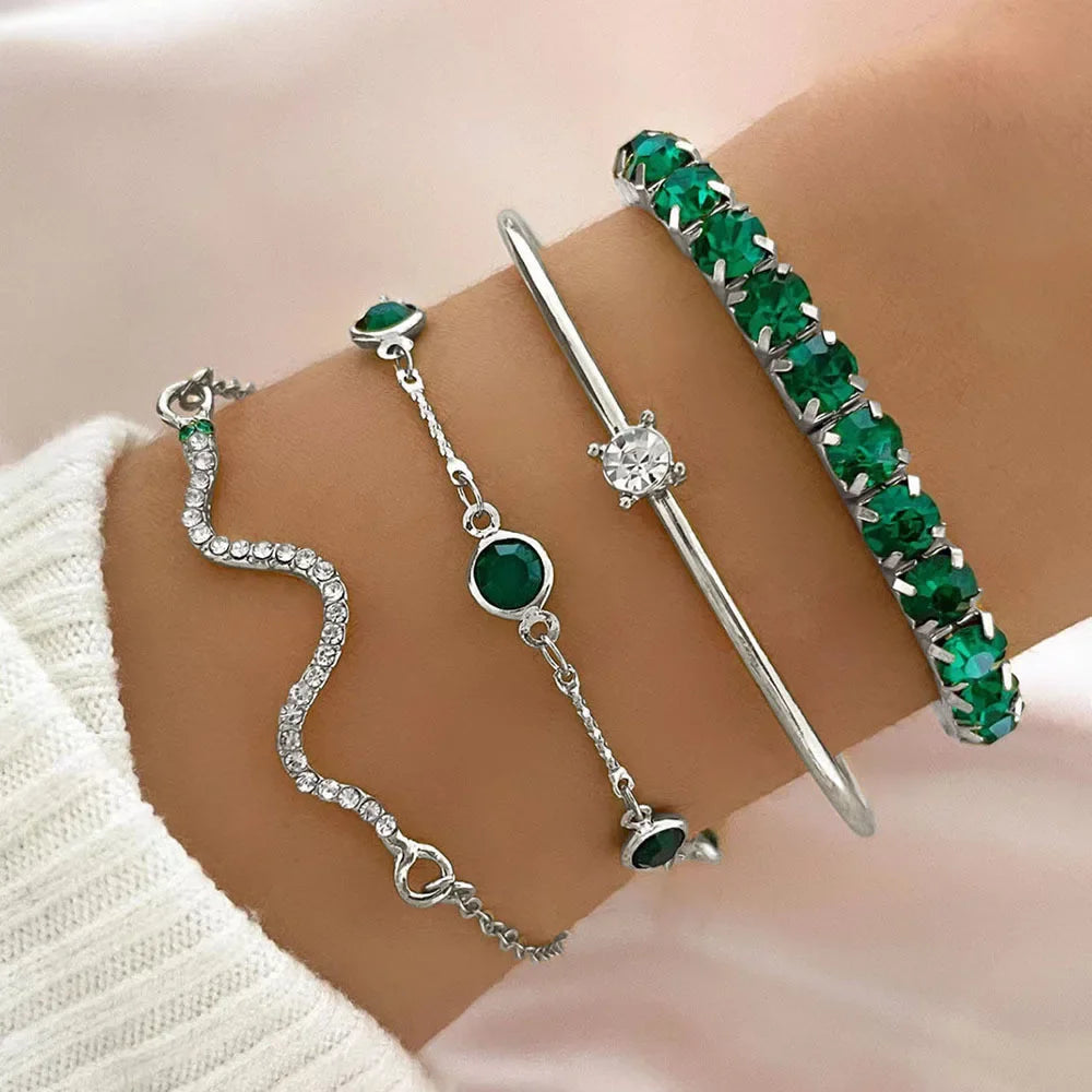 4Pcs/Set Fashion Snake Green Gemstone Bangle Rhinestone Full Metal Bracelet For Women Birthday Party Christmas Gift Jewerly Viralgem Store