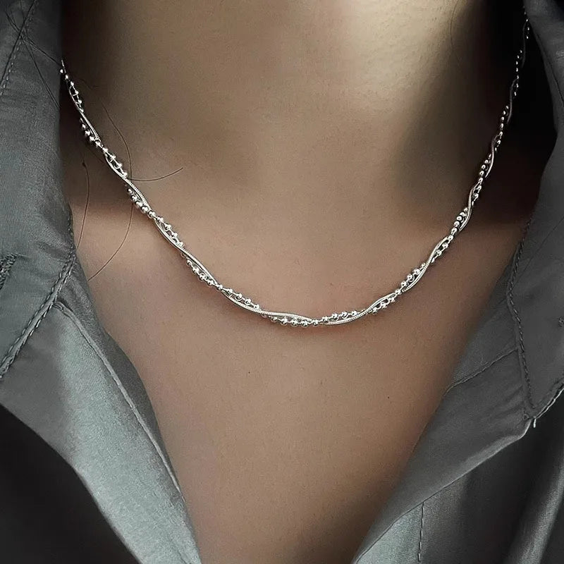 925 Sterling Silver Double Layer Snake Bone Chain Necklace for Women's Sweet Temperament Round Bear Neckchain Fashion Jewelry
