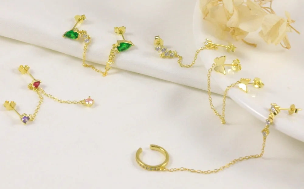 Aide 925 Sterling Silver 1pc Four Zircons Charm Chain Tassel Earrings For Women Double Studs Sparkling CZ Pave Cartilage Clips