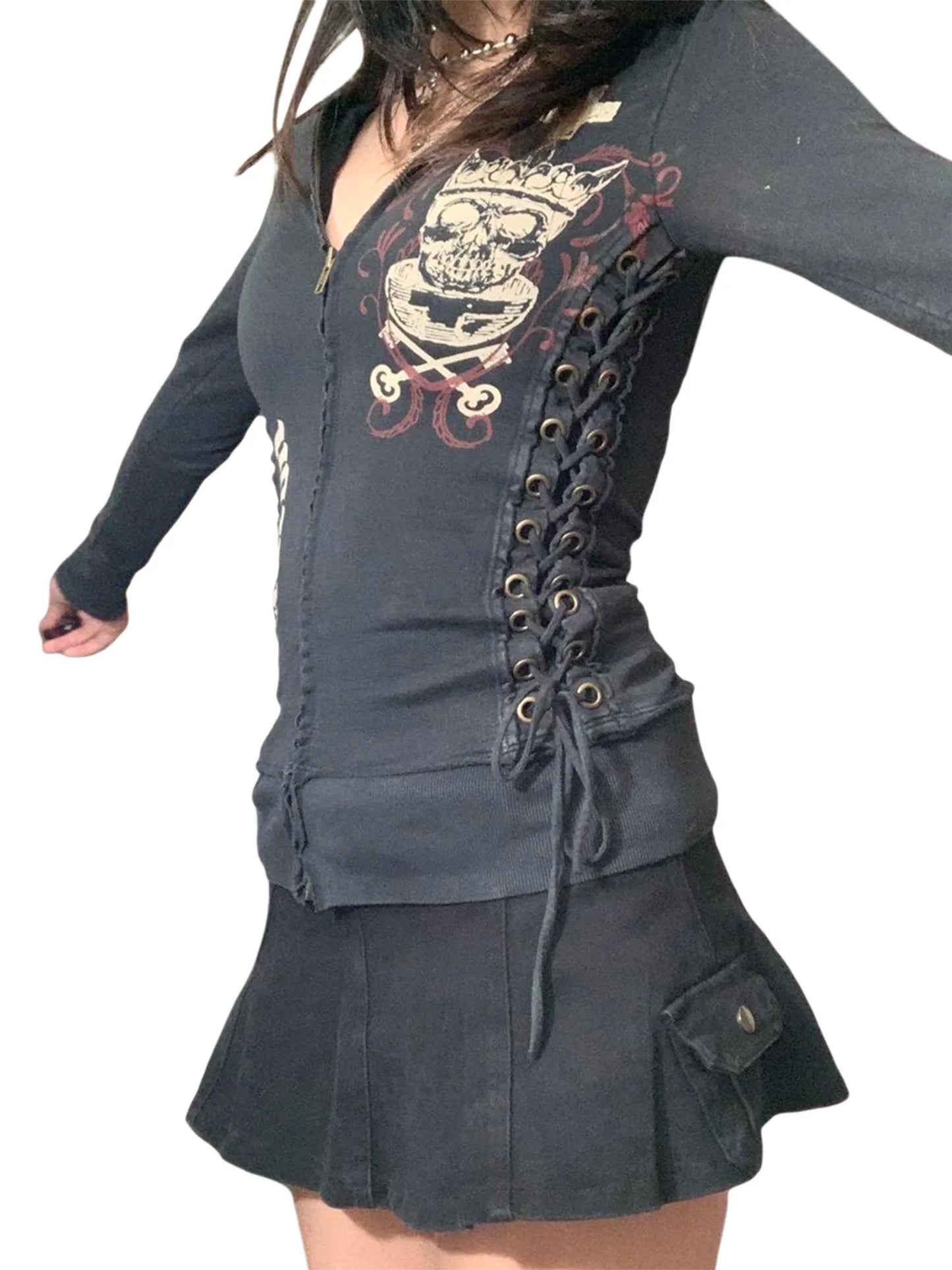 Women Fashion Skull and Letter Print Hoodies y2k Side Tie Up Coats Casual Long Sleeve Zip Up Hoodies Black Basic Slim Sweatshirt