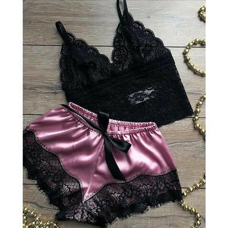 Womens Sexy Lace Sleepwear Lace Nachtkleding Lingerie Sleeveless V-Neck Babydoll Pajamas Set Lingerie Tops Shorts Set Nightwear