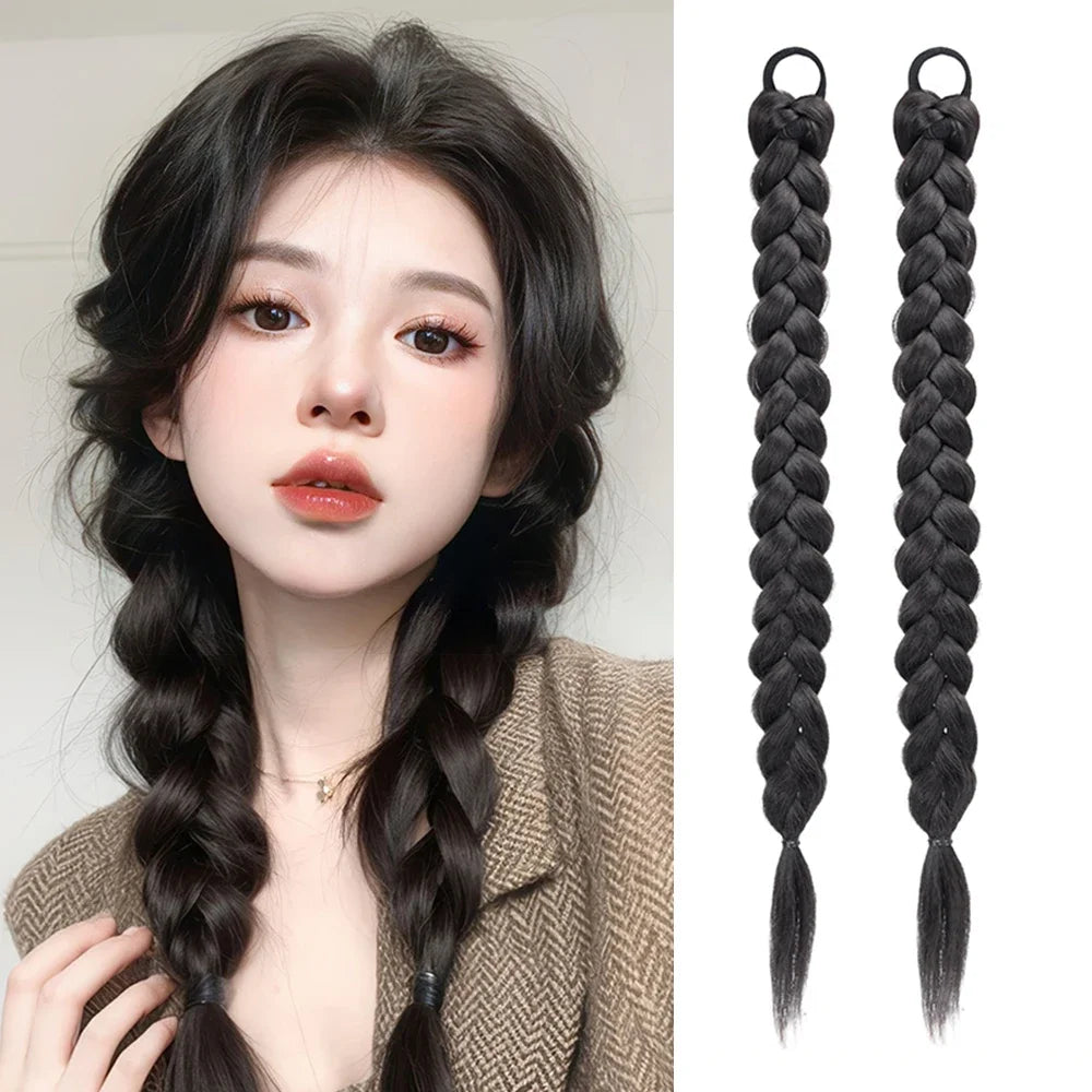 Synthetic Long Braided Ponytail Hair Extensions for Women Black Brown Pony Tail with Hair Rope High Temperature Fiber