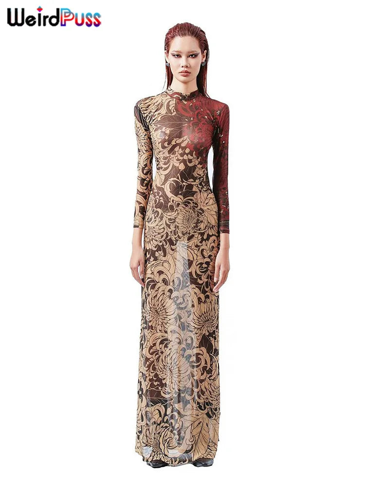 Weird Puss Thin Sheer Women Dress Mesh Contast Color Print High Waist Slim Fit Fashion Bodycon Nightout Clubwear Party Long Robe
