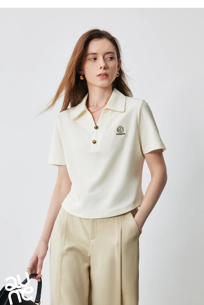 TOYOUTH Women Letter T-shirt 2024 Summer New POLO Collar Top Viralgem Store