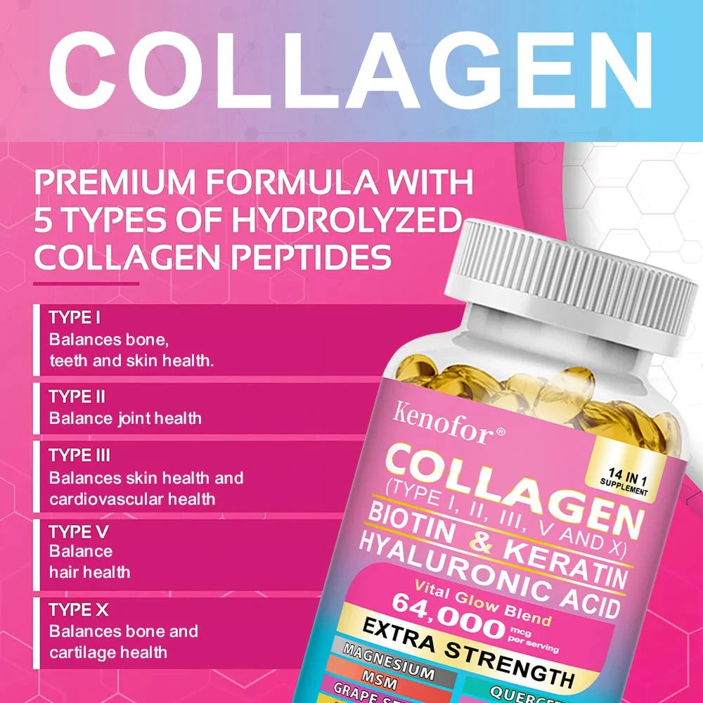 14 IN 1 Collagen Capsules - Biotin & Keratin Skin Care Product Booster Anti Aging Whitening Skin Nail and Hair Care Supplement Viralgem Store