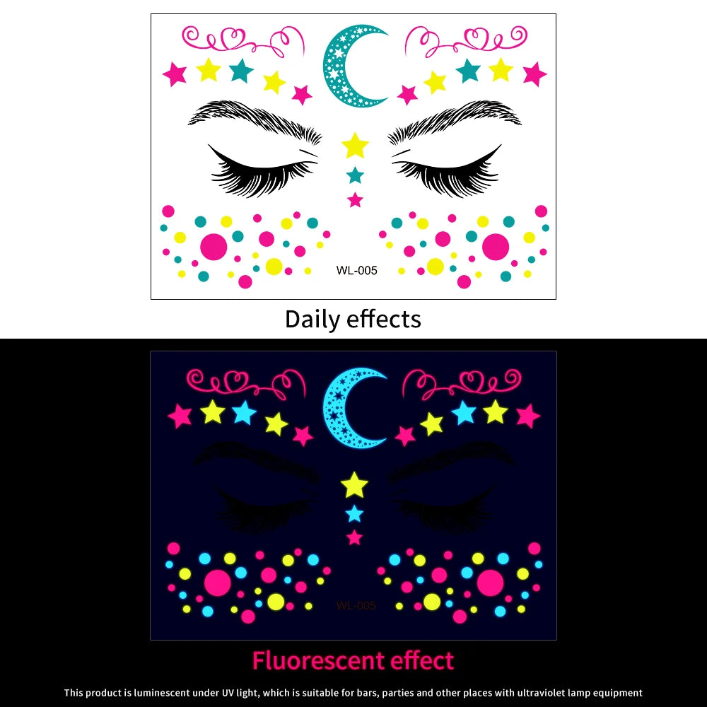 1Pcs Halloween Fluorescent Face Stickers 12-Styles Feather/Flowers/ButterflyDesign Tattoo Sticker Waterproof Glowing Face Decals Viralgem Store