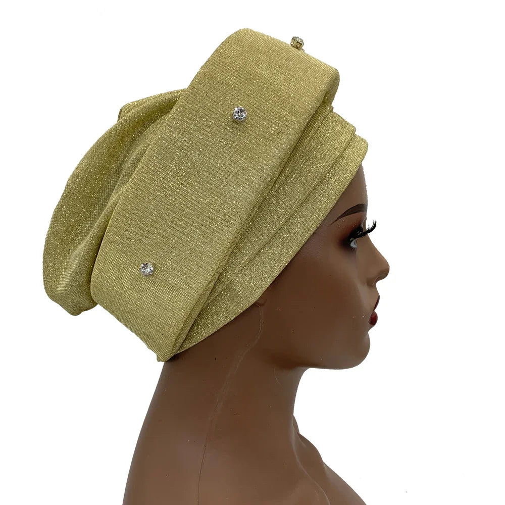 African Wrap Head Headgear Nigeria Auto Gele Headtie Turbante Mujer Luxury Rhinestone Turban Hat for Women Glitter
