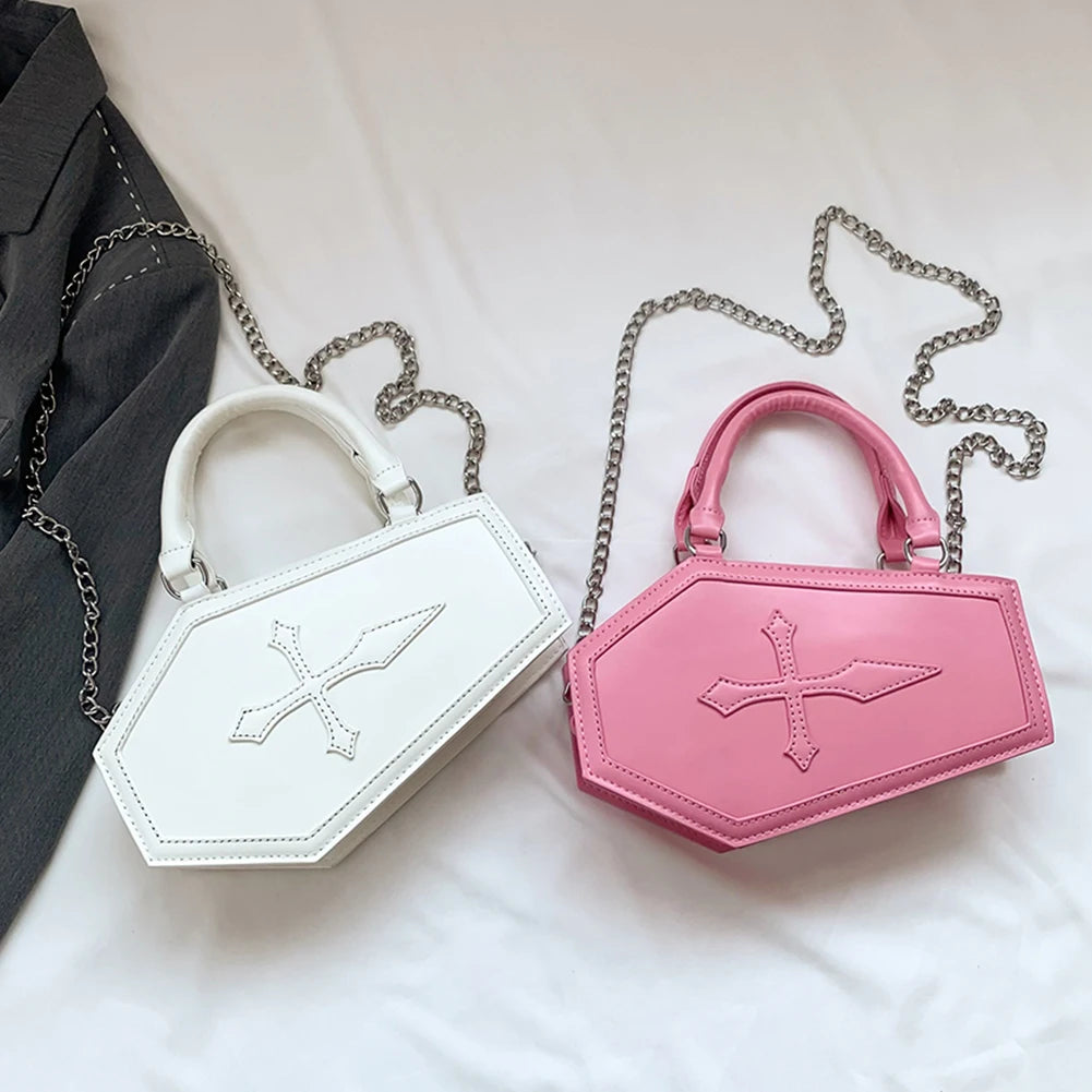 Women Crossbody Bag Large Capacity Coffin Shape Phone Shoulder Bag Halloween PU Top Handle Bag for Travel Make Up Cosmetic Bag