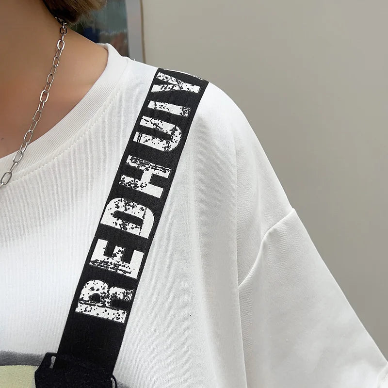 Summer Y2k Clothes New Messenger Bag Printed Pocket Zipper T-shirt Women Europea Style Casual Large Size Couple Casual Tees Tops