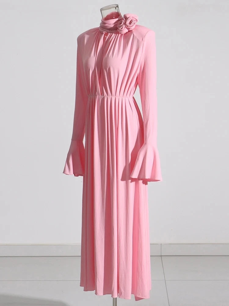 TWOTWINSTYLE Solid Appliques Folds Dresses For Women Half High Collar Flare Sleeve Tunic Long Dress Female Fashion Clothing New Viralgem Store