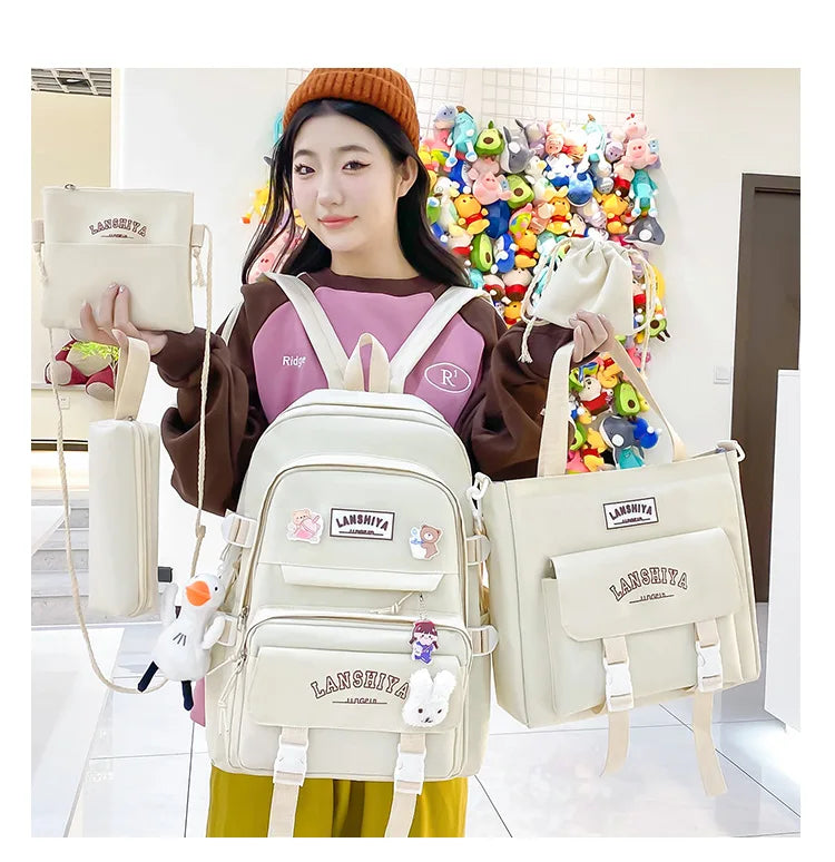 5-piece Set of Free Pendants Forest Style Korean Version Casual Harajuku Student Backpack for High School Girls Large Capacity Viralgem Store