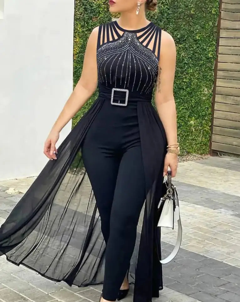 Women Jumpsuit 2025 Summer Simple Sleeveless Round Neck Rhinestone Fashion Sexy Sheer Mesh Daily Casual Commuting Jumpsuit Viralgem Store