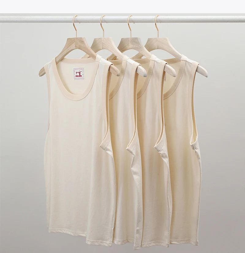 Akkad Kuti Japanese Retro Casual Tank Top Men Heavyweight Cotton Embryo Color Tops Male Teens Sleeveless Vest Spring Summer 2021