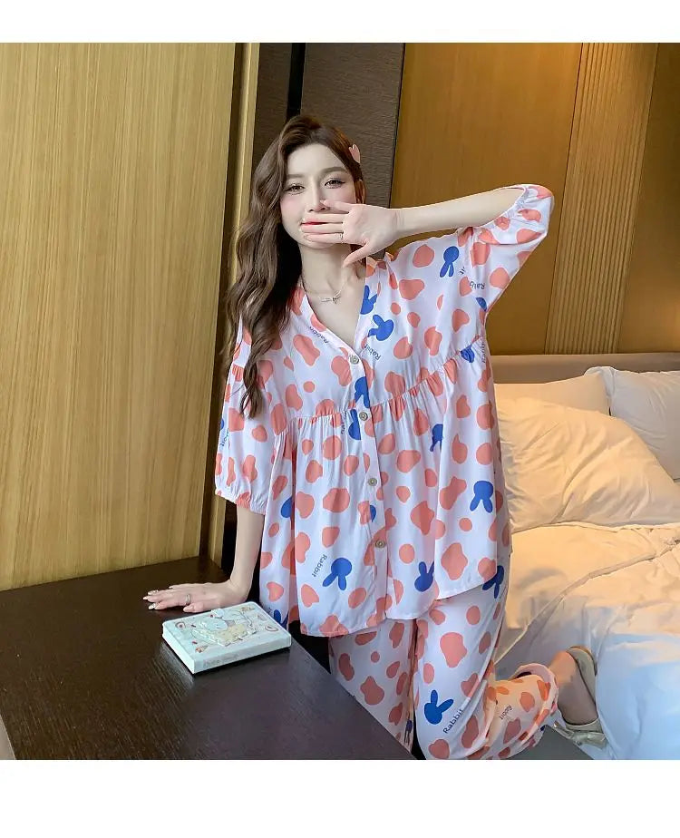2023 New Cotton Silk Summer Pajamas Suit Plus Size Loose Ladies Home Clothes Two-piece Casual Style Thin