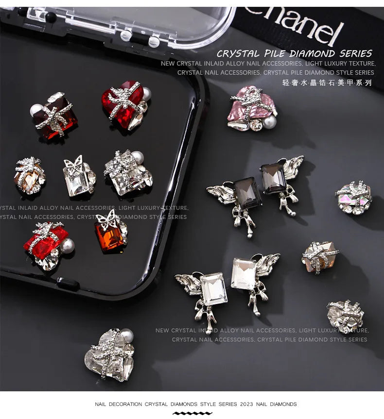 5PCS Luxury Sparkle Gift Box Pile Diamonds Crystal Love Alloy X Butterfly Pearl Nail Art Rhinestones Decorations Manicure Charms Viralgem Store