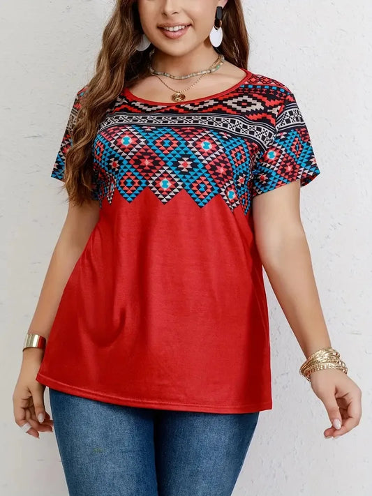 Women T Shirt Plus Size Tops Fashion clothes Women's Plus Southwestern Print Casual Tees Round Neck Short Sleeve T-shirt Tops