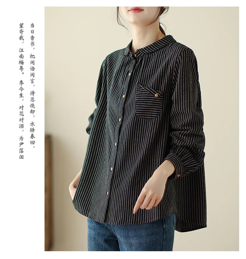 Women Long Sleeve Casual Shirt New Arrival 2024 Spring Korean Style Vintage Striped Loose Female Basics Cotton Tops Shirts B3254