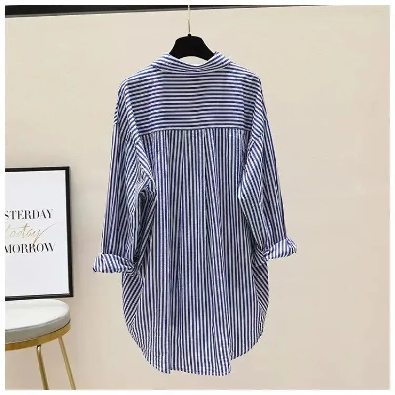 Summer Autumn Striped Shirt Women Shirts Fashion Female Office Lady Loose Blouse Long Sleeve Sun Protection Tops Casual Shirts Freshlook Styles