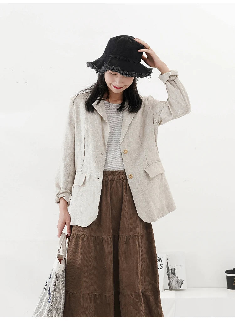 100% Linen Women Blazer Casual Notched Collar Long Sleeve Singgle Breasted Office Lady Outerwear Stylish Tops Retro Coat Viralgem Store