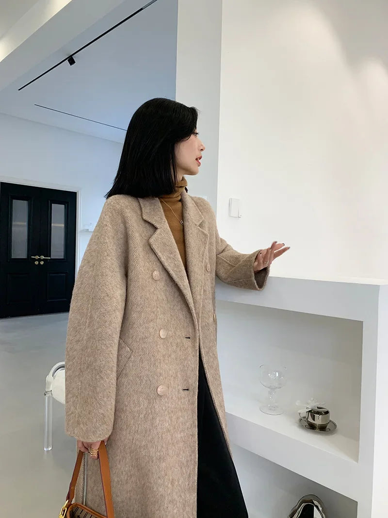 2024 Autumn Winter Wool Coat Women Double-breasted Solid Color Women's Double-sided Woolen Belt Coats Loose Warm Wool Jacket