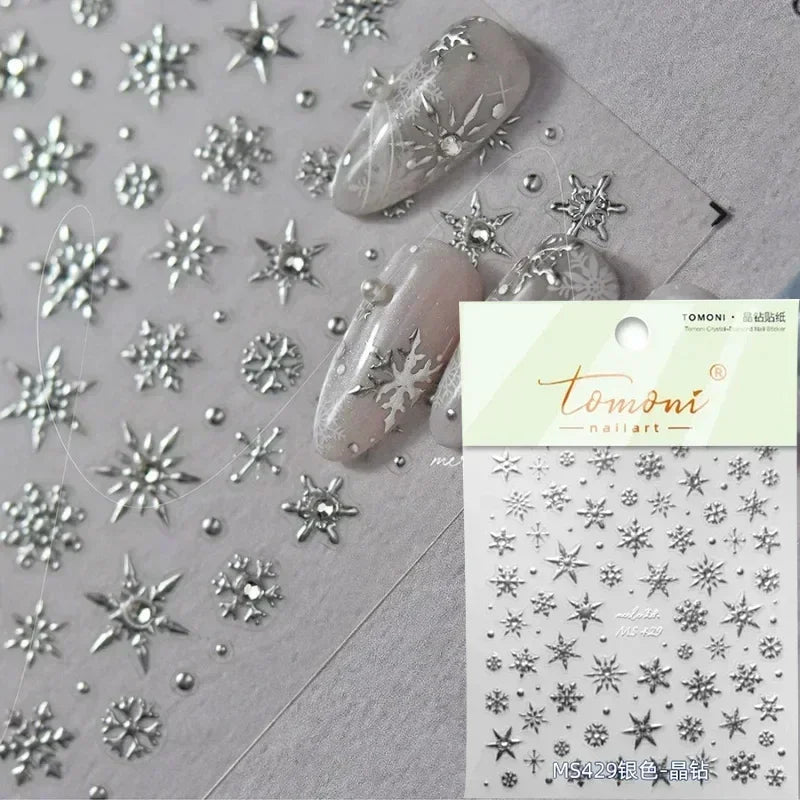 5D Laser Star Moon Snowflake Shiny Rhinestone Embossed Relief Self Adhesive Nail Art Decoration Sticker Manicure Decals