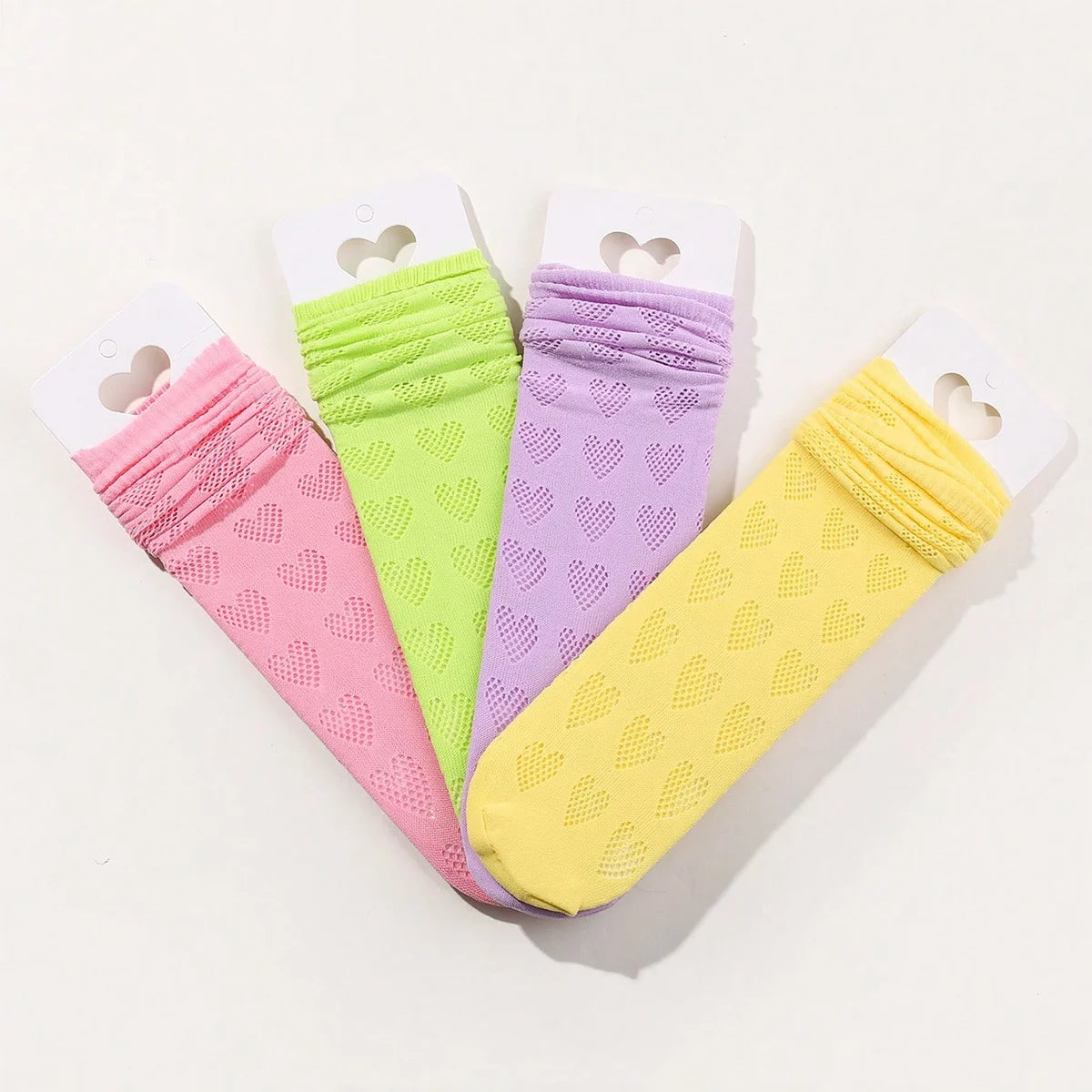 1/4 pairs of girls' dopamine heart hollow  mesh straight socks, lightweight  breathable heart mesh socks, women's long tube