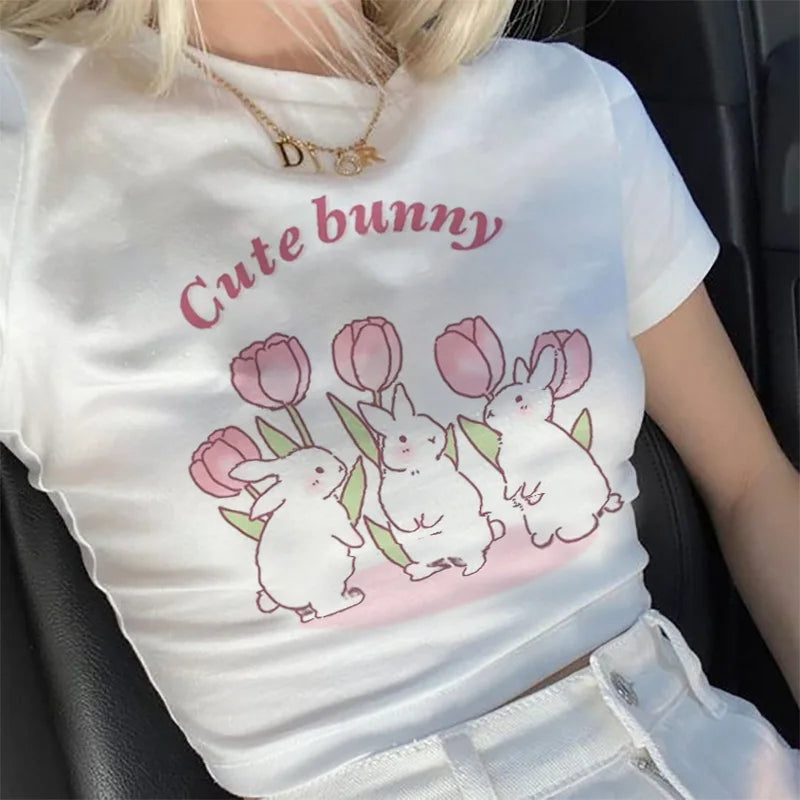 Women T-Shirt Crop Top Y2k Kawaii Cute Bunny Graphic Harajuku Summer Short Sleeve Baby Tees Streetwear Korean Popular Clothes