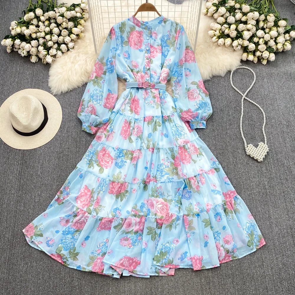Spring Autumn Women Floral Chiffon Long Dress Vintage Purple/Pink/Black/Beige Stand Collar Single Breasted Maxi Robe Elegant New Viralgem Store
