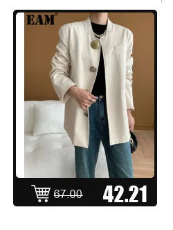 [EAM] Big Size Gray Jacket Wide Leg Pants Two Piece Suit New V-Neck Long Sleeve Women Fashion Tide Spring Autumn 2024 1DH6481