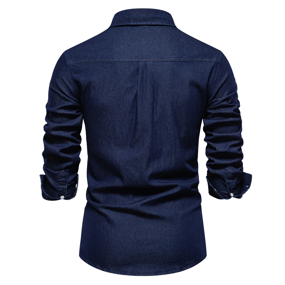 AIOPESON Autumn New Cotton Men's Denim Shirt Solid Color Single Pocket Casual Long Sleeve Shirt Autumn Jeans Shirt for Men