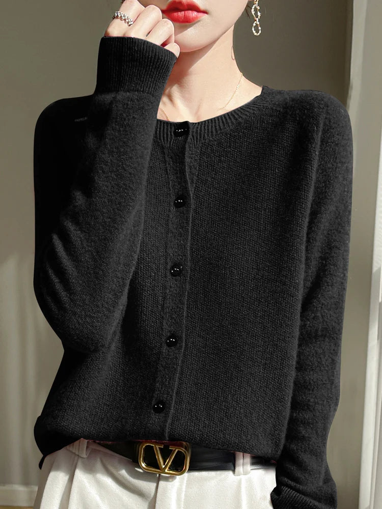 Women 100% Merino Wool Cardigan Soft O-Neck Cashmere Sweater OL Buttoned Knitwear Casual Top Clothing Korean Style Viralgem Store