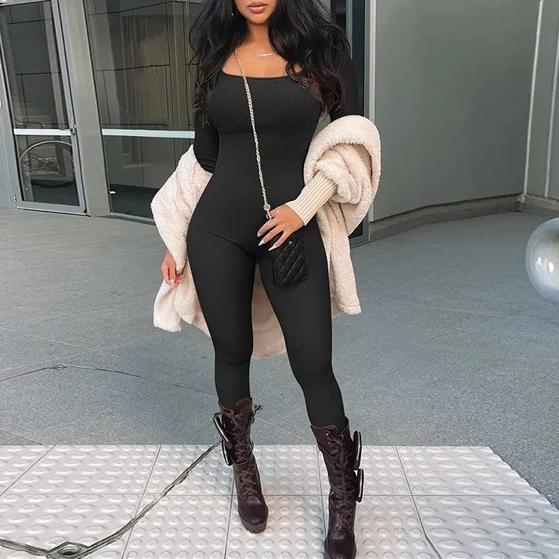 Women Elegant Skinny Jumpsuits Fall Winter Solid Ribbed Knit Long Sleeve Jumpsuit Y2k Square Neck Bodycon Sport Playsuits Female Viralgem Store