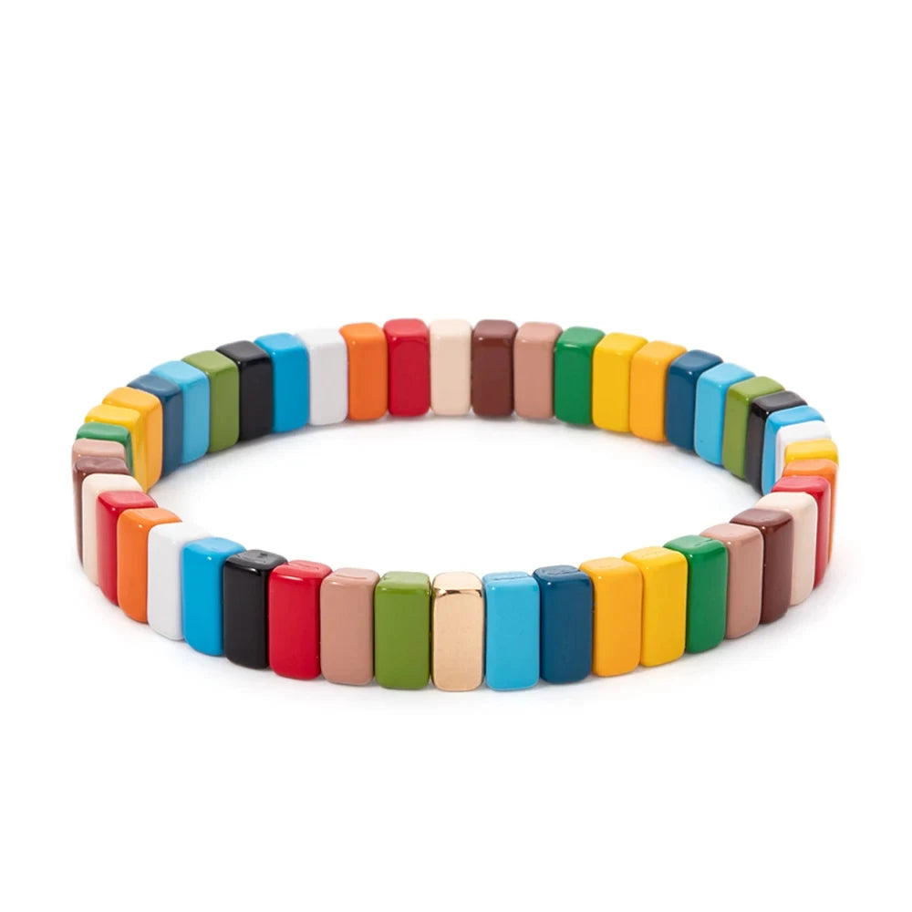 4X8MM Enamel Bracelets Wholesale Colorful Elastic Bangle Handmade Rainbow Beads Jewelry