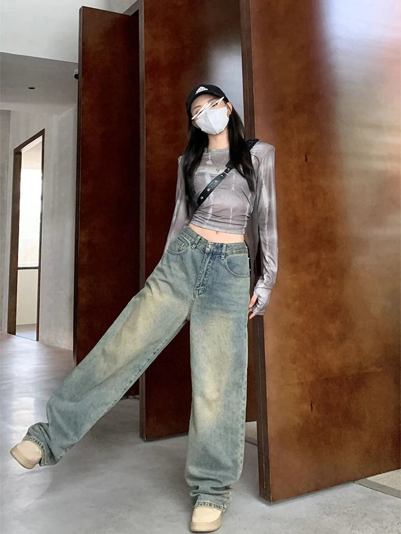 Stay Comfortable and Fashionable With Deeptown Y2k Baggy Wide Leg Jeans - A Must-Have for Casual Wear