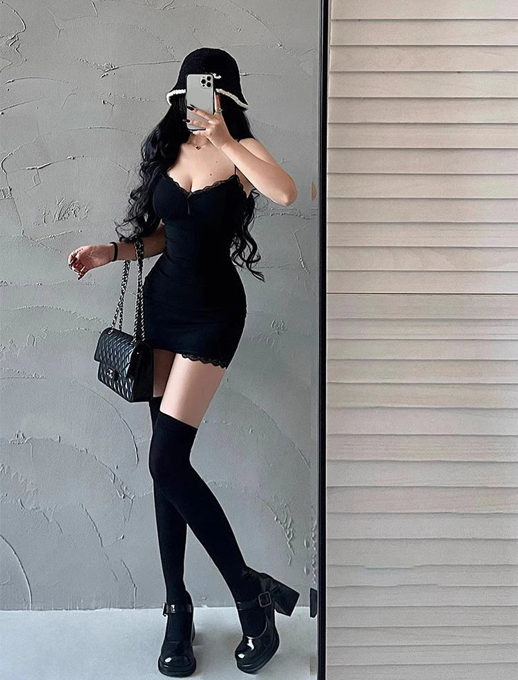 Y2K Retro Lace Patchwork Spaghetti Strap Black Bodycon Dress Mini Fashion Aesthetic Bow Club Party Sexy Dresses for Women Viralgem Store