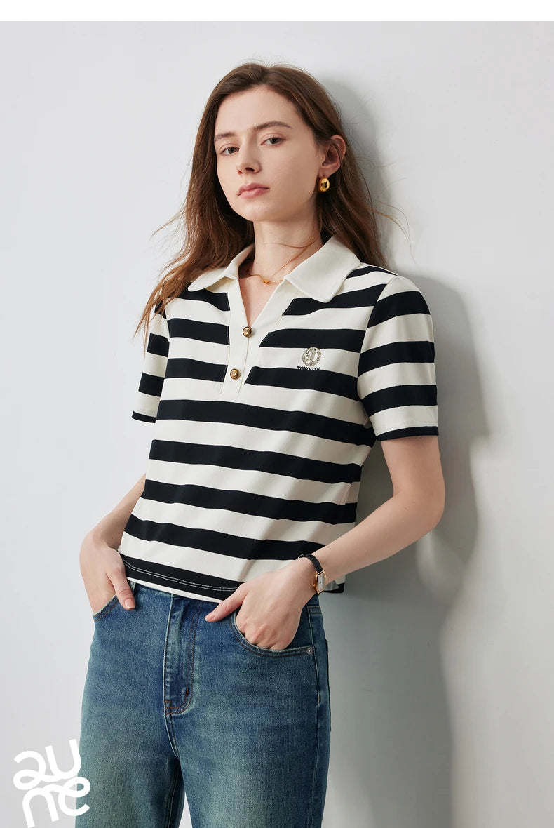 TOYOUTH Women Letter T-shirt 2024 Summer New POLO Collar Top Viralgem Store