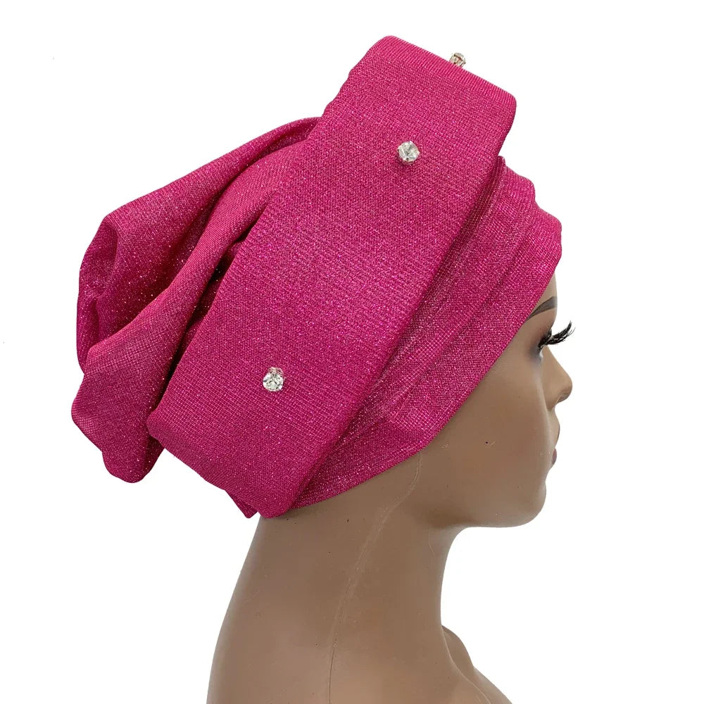 African Wrap Head Headgear Nigeria Auto Gele Headtie Turbante Mujer Luxury Rhinestone Turban Hat for Women Glitter