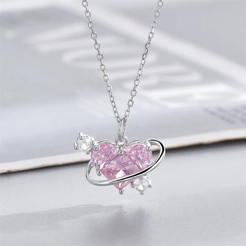 Y2K Pink Planet Heart Zircon Pendant Necklaces Women Fashion Aesthetic Clavicle Chain Necklace Valentines Day Gift Party Jewelry Viralgem Store