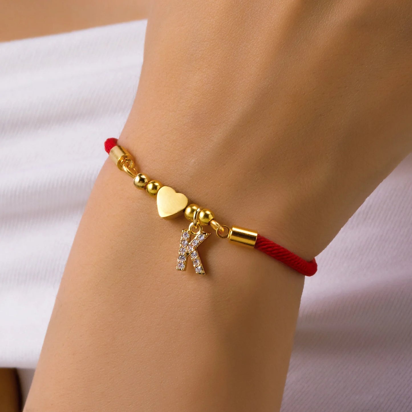 Stainless Steel A-Z Initial Letter Bracelet For Women Men Gold Color Love Heart Pendant Red Luck Rope Charm Bangle Charm Jewelry