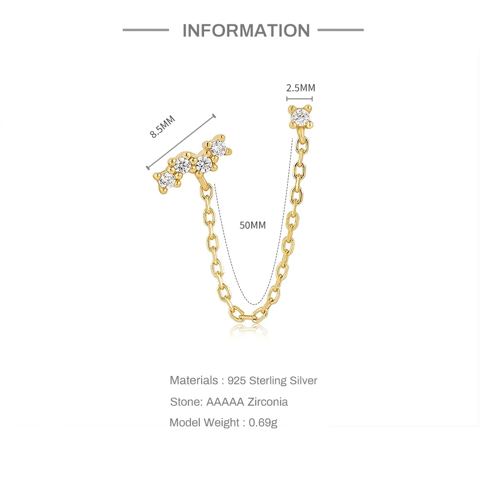 Aide 925 Sterling Silver 1pc Four Zircons Charm Chain Tassel Earrings For Women Double Studs Sparkling CZ Pave Cartilage Clips